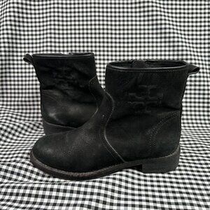 Tory Burch Simone Suede Leather Moto Ankle Bootie Side Zip Logo Black Womens 7.5